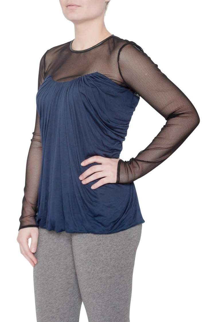 Pre Owned Yigal Azrouel Navy Blue Jersey and Sheer Mesh Detail Long Sleeve Top M 
