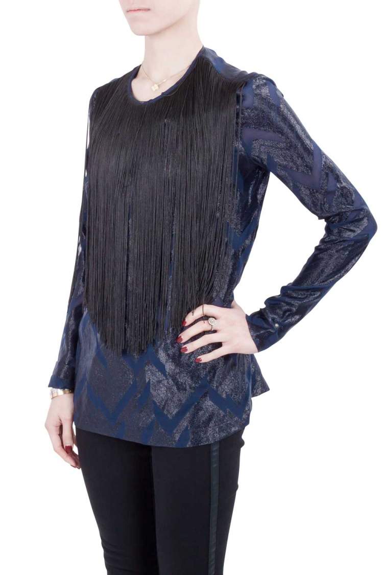 Pre Owned Yigal Azrouel Navy Blue Chevron Pattern Silk Fringe Detail Blouse S