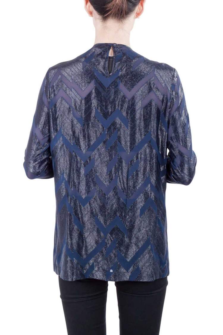 Pre Owned Yigal Azrouel Navy Blue Chevron Pattern Silk Fringe Detail Blouse S