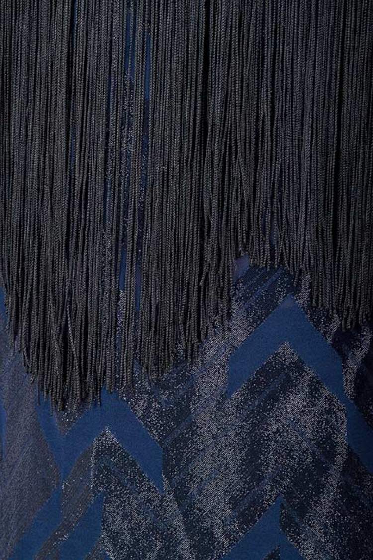 Pre Owned Yigal Azrouel Navy Blue Chevron Pattern Silk Fringe Detail Blouse S