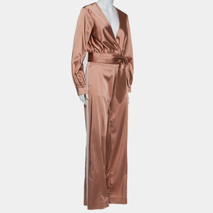 Pre Owned Jonathan Simkhai Salmon Pink Crepe Satin Wrap Crop Top & Wide Leg Track Pants Set M