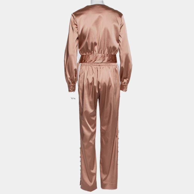 Pre Owned Jonathan Simkhai Salmon Pink Crepe Satin Wrap Crop Top & Wide Leg Track Pants Set M