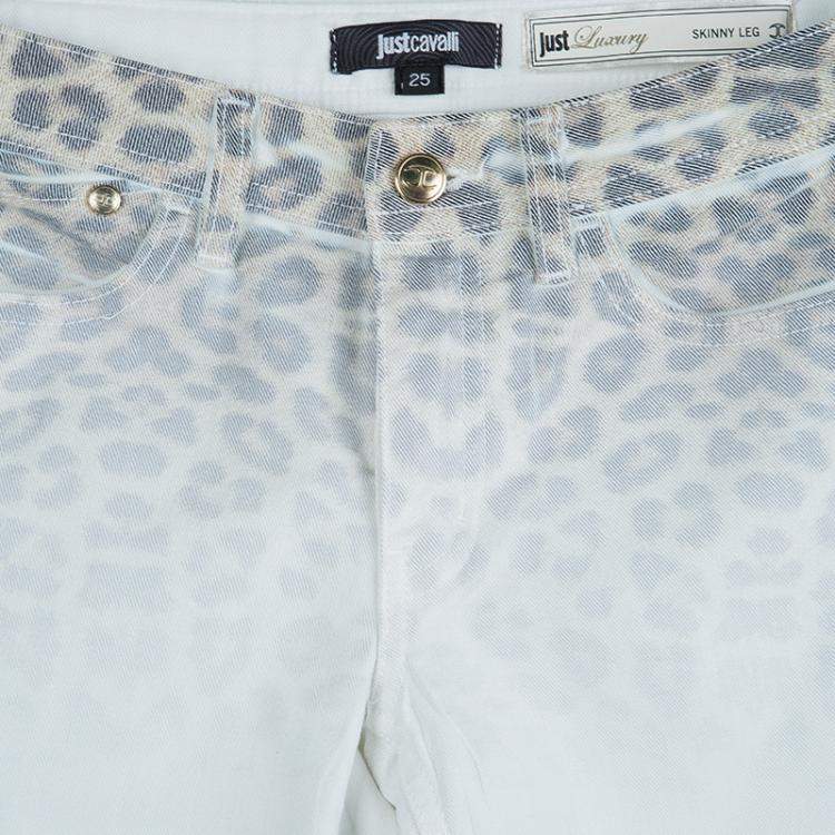 Pre Owned Just Cavalli White Denim Washed Out Leopard Print Skinny Jeans S