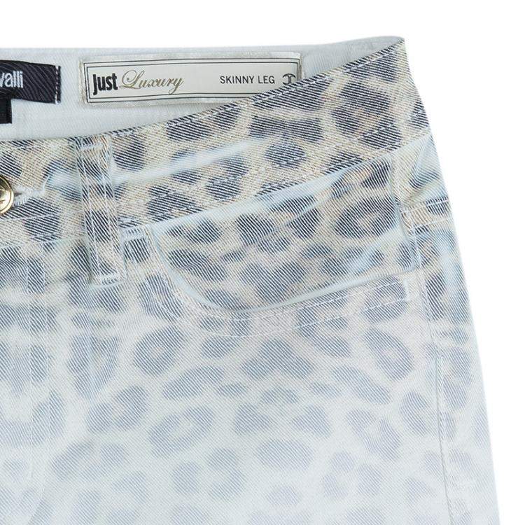 Pre Owned Just Cavalli White Denim Washed Out Leopard Print Skinny Jeans S