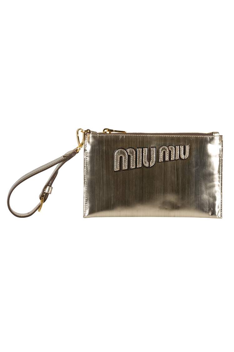 Pre Owned Miu Miu Metallic Gold Patent Leather Wristlet Clutch