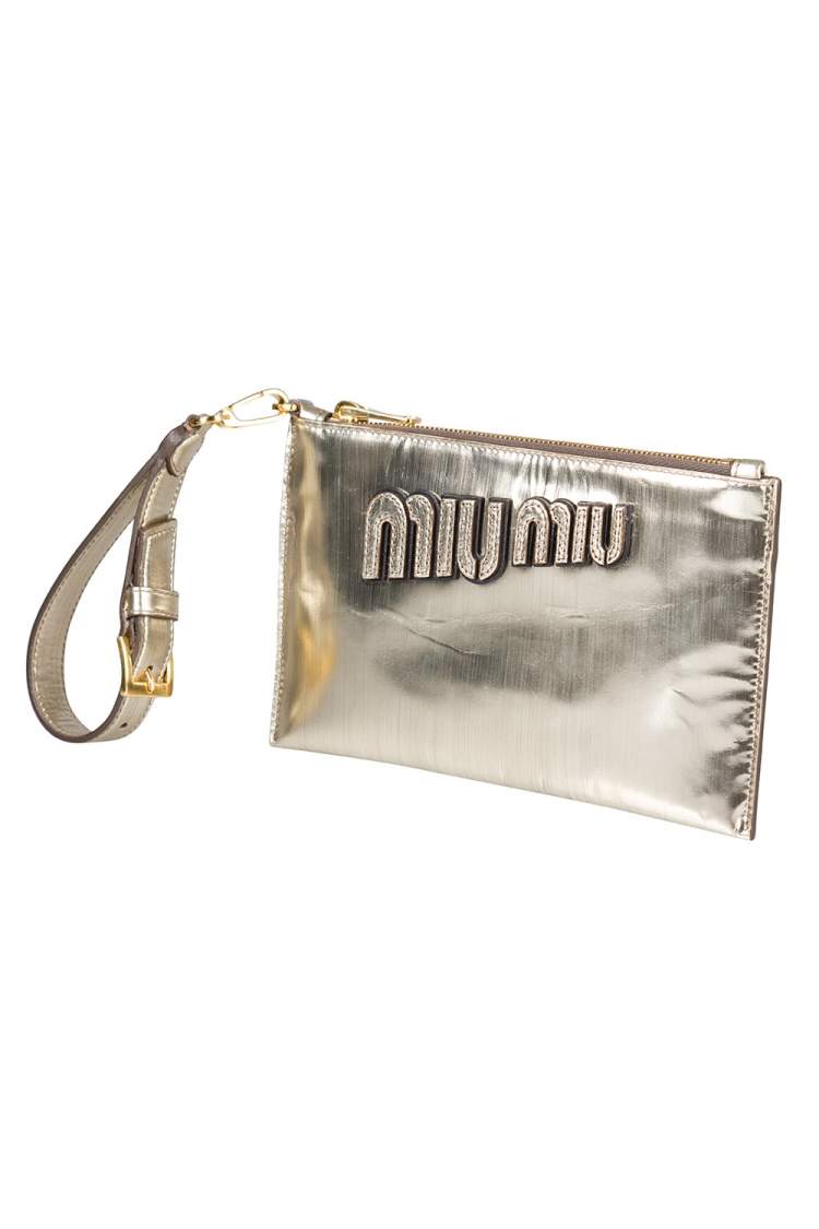 Pre Owned Miu Miu Metallic Gold Patent Leather Wristlet Clutch