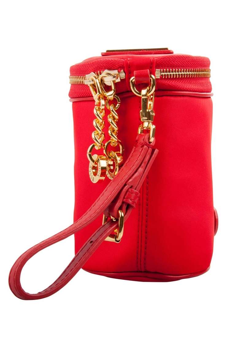 Pre Owned Moschino Red Nylon Logo Embellished Round Clutch