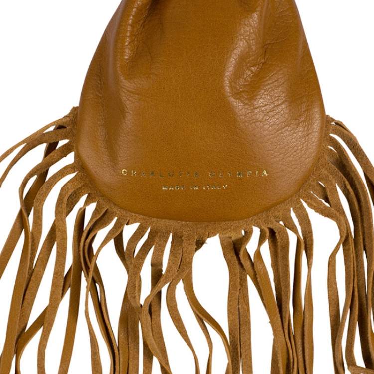 Pre Owned Charlotte Olympia Brown Leather Fringe Kitty Set of 2 Pochette 