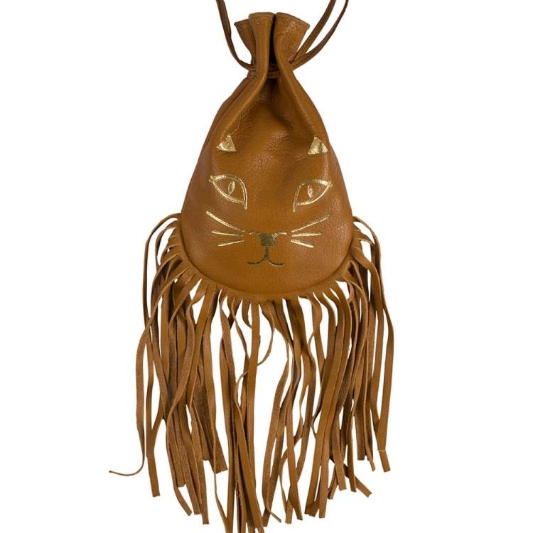 Pre Owned Charlotte Olympia Brown Leather Fringe Kitty Set of 2 Pochette 