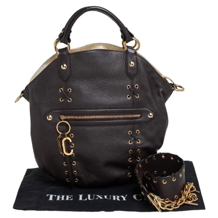 Pre Owned Roberto Cavalli Dark Brown Leather Corset Front Pocket Hobo