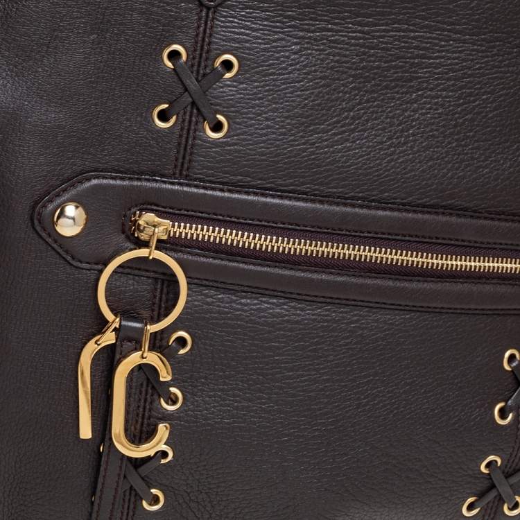 Pre Owned Roberto Cavalli Dark Brown Leather Corset Front Pocket Hobo