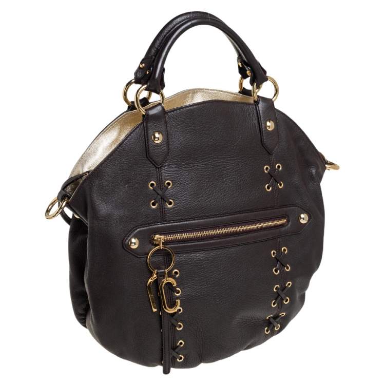 Pre Owned Roberto Cavalli Dark Brown Leather Corset Front Pocket Hobo