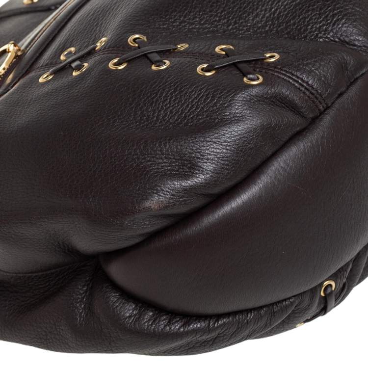 Pre Owned Roberto Cavalli Dark Brown Leather Corset Front Pocket Hobo