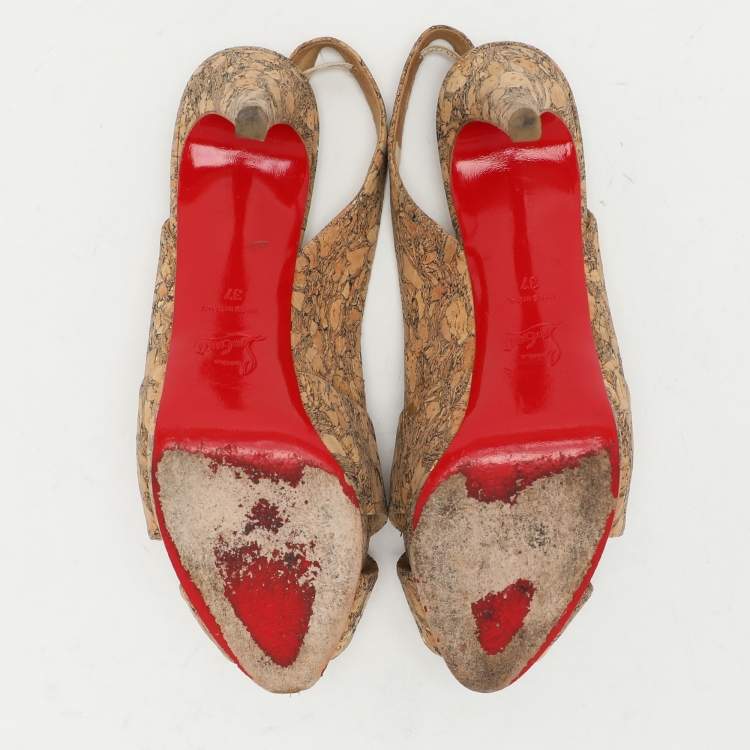 Pre Owned Christian Louboutin Beige Cork Soso Criss Cross Platform Slingback Sandals Size 37