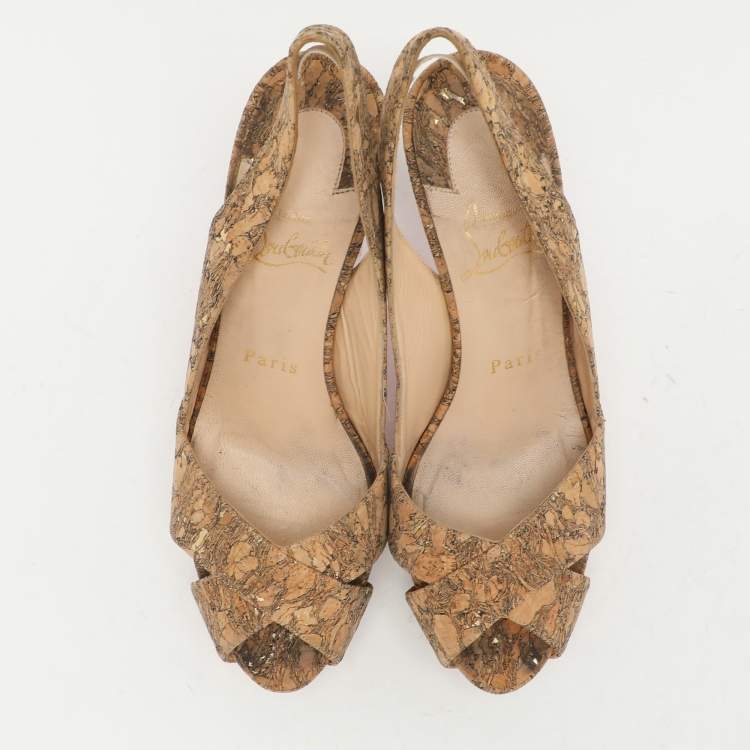 Pre Owned Christian Louboutin Beige Cork Soso Criss Cross Platform Slingback Sandals Size 37