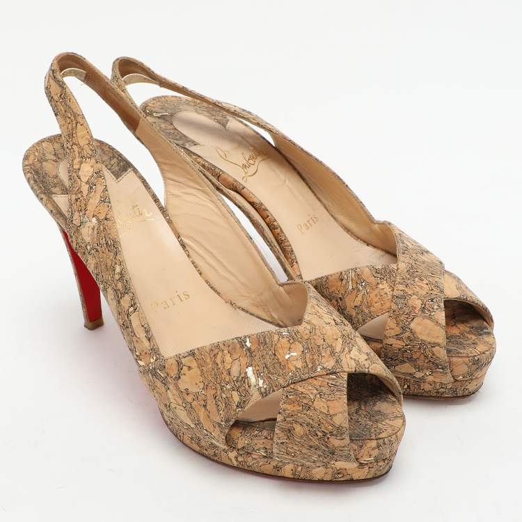 Pre Owned Christian Louboutin Beige Cork Soso Criss Cross Platform Slingback Sandals Size 37