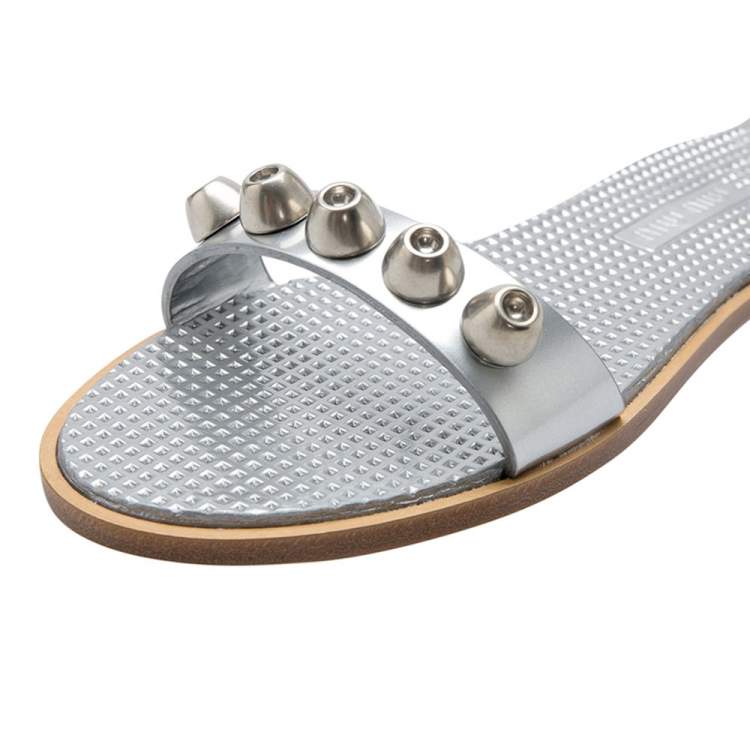 Pre Owned Miu Miu Metallic Silver Leather Studded Ankle Strap Flat Sandals Size 36