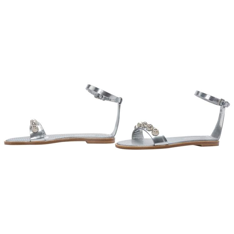 Pre Owned Miu Miu Metallic Silver Leather Studded Ankle Strap Flat Sandals Size 36
