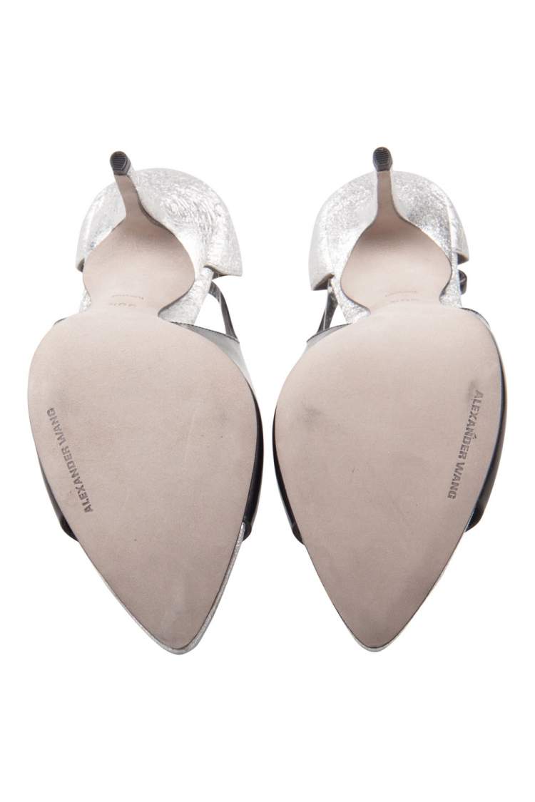 Pre Owned Alexander Wang Metallic Silver/Black Textured Leather Carolyn Ankle Strap Sandals Size 36.5