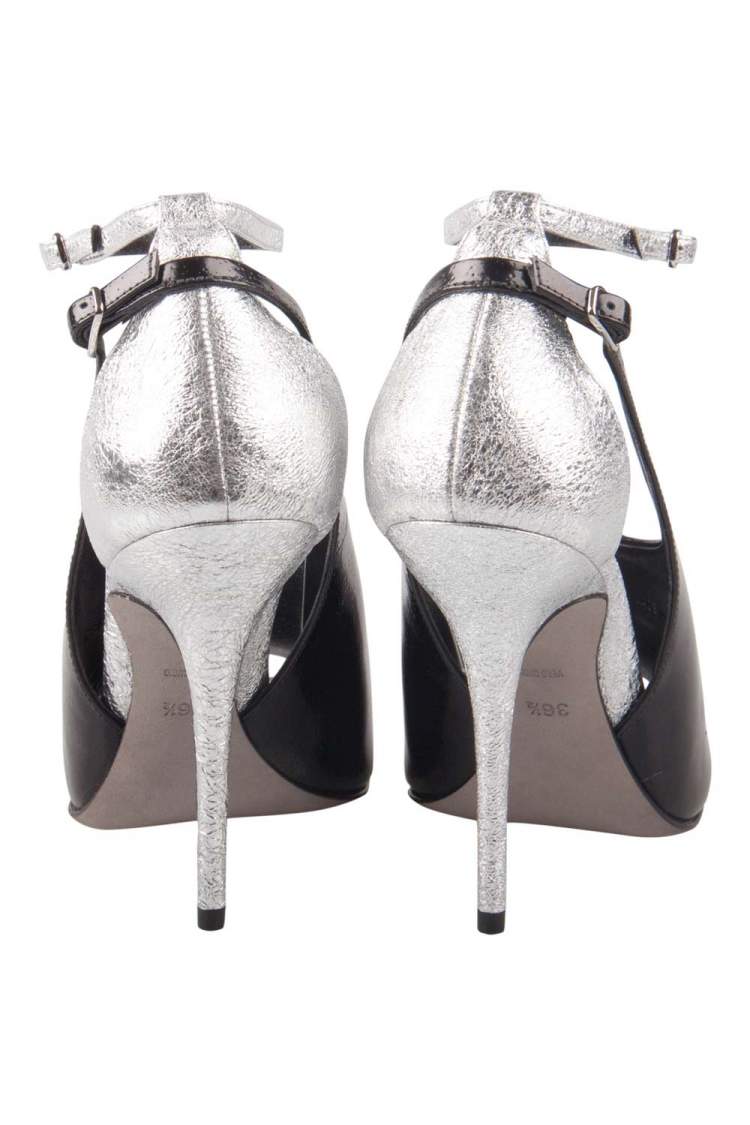 Pre Owned Alexander Wang Metallic Silver/Black Textured Leather Carolyn Ankle Strap Sandals Size 36.5