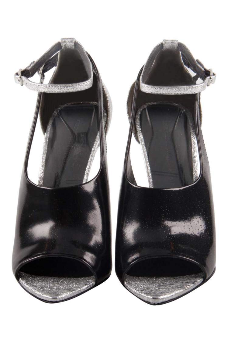 Pre Owned Alexander Wang Metallic Silver/Black Textured Leather Carolyn Ankle Strap Sandals Size 36.5