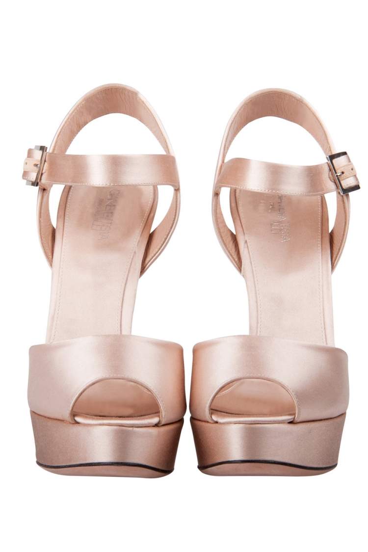 Pre Owned Giambattista Valli Beige Satin kirna Peep Toe Ankle Strap Platform Sandals Size 38