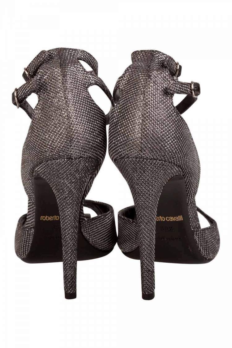 Pre Owned Roberto Cavalli Metallic Black Glitter Fabric T Strap Double Buckle Sandals Size 38.5