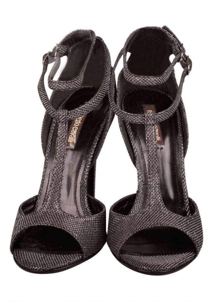 Pre Owned Roberto Cavalli Metallic Black Glitter Fabric T Strap Double Buckle Sandals Size 38.5