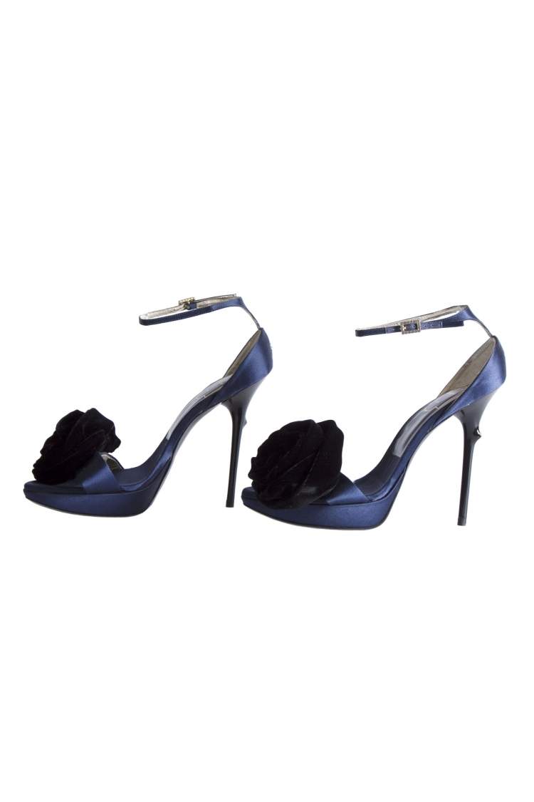 Pre Owned Roger Vivier Blue Satin And Black Floral Ankle Strap Platform Sandals Size 38