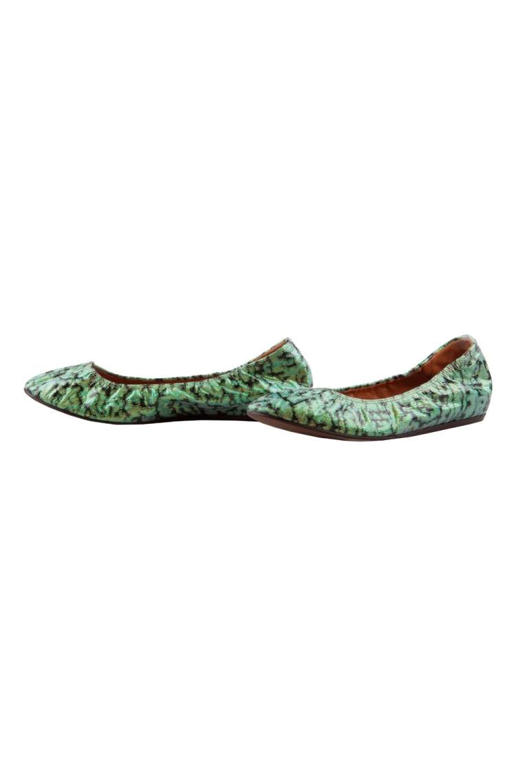 Pre Owned Lanvin Green/Black Coated Glitter Canvas Ballet Flats Size 38