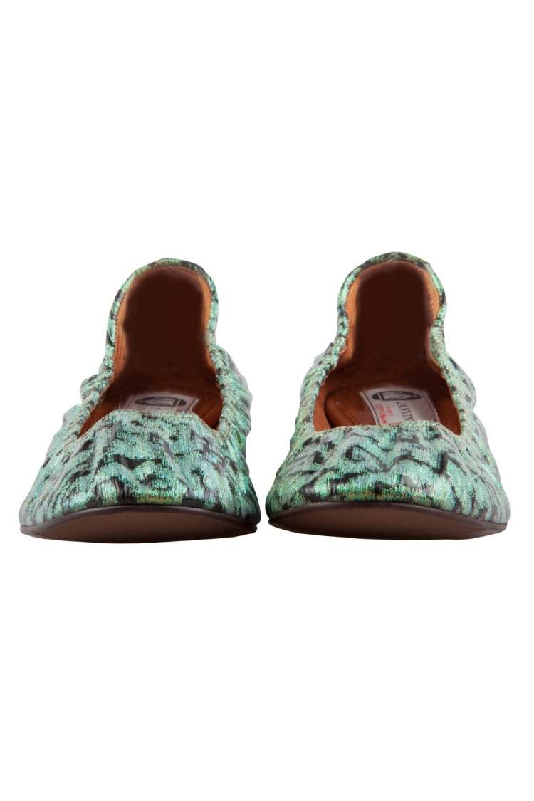 Pre Owned Lanvin Green/Black Coated Glitter Canvas Ballet Flats Size 38