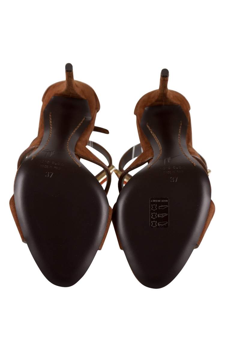 Pre Owned Giuseppe Zanotti Brown Suede Gem Embellished T Strap Open Toe Sandals Size 37