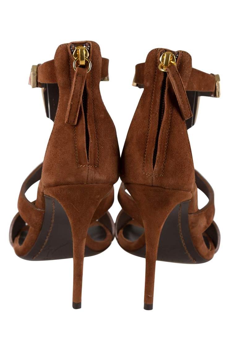 Pre Owned Giuseppe Zanotti Brown Suede Gem Embellished T Strap Open Toe Sandals Size 37