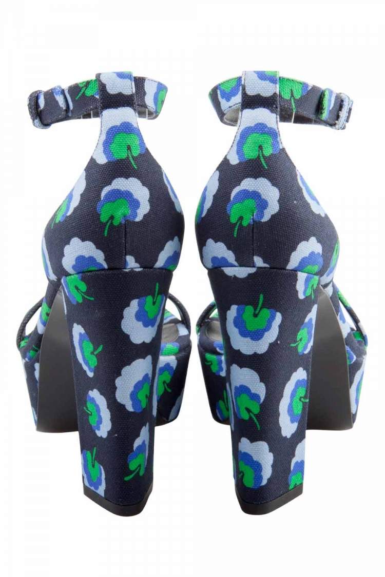 Pre Owned Stella McCartney Navy Floral Print Canvas Platform Sandals Size 37.5
