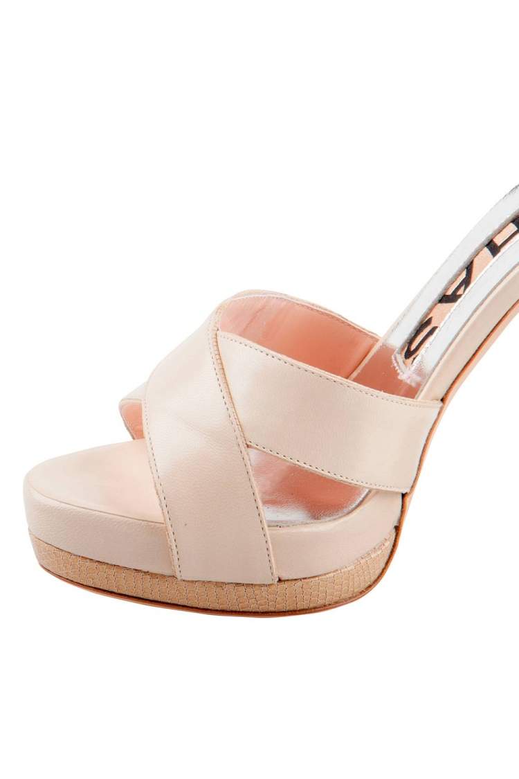 Pre Owned Rochas Beige Leather Cross Strap Platform Block Heel Sandals Size 37