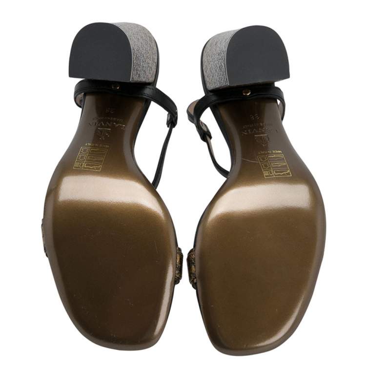 Pre Owned Lanvin Black/Gold Fabric and Leather Ankle Strap Block Heel Sandals Size 38