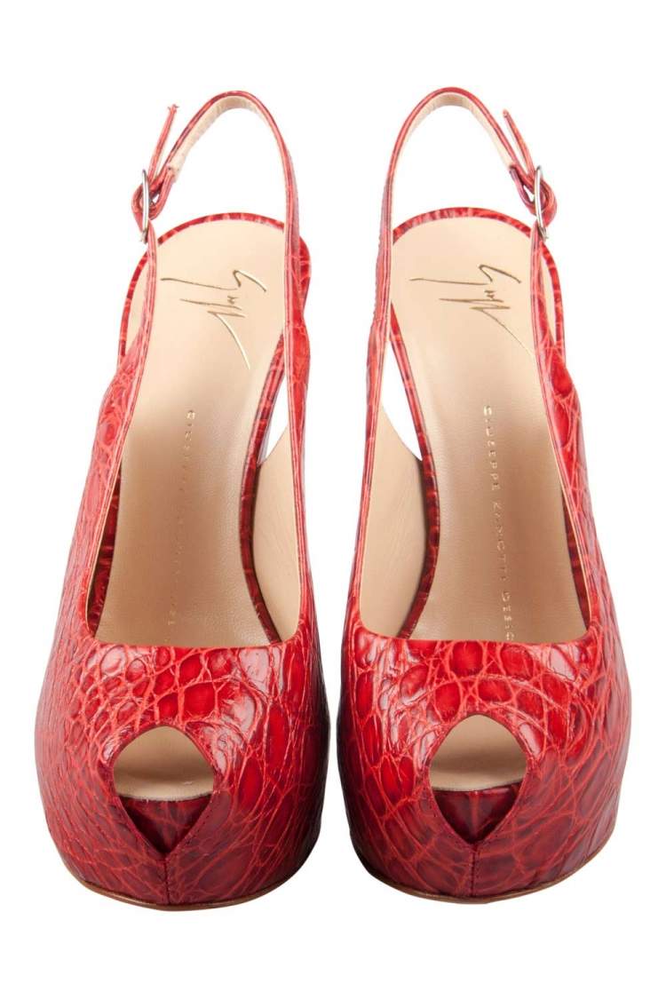 Pre Owned  Giuseppe Zanotti Red Croc Embossed Monro Leather Peep Toe Platform Sandals Size 37.5