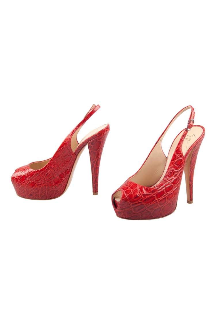 Pre Owned  Giuseppe Zanotti Red Croc Embossed Monro Leather Peep Toe Platform Sandals Size 37.5