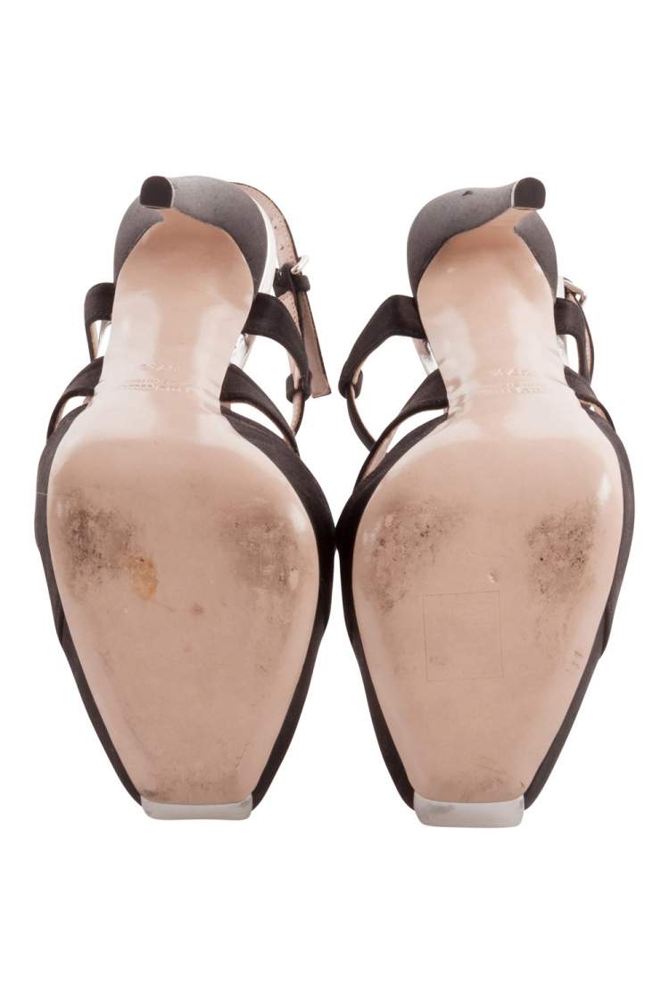مملوكة مسبقًا Miu Miu Black Satin Bejeweled T-Strap Platform Sandals Size 37.5