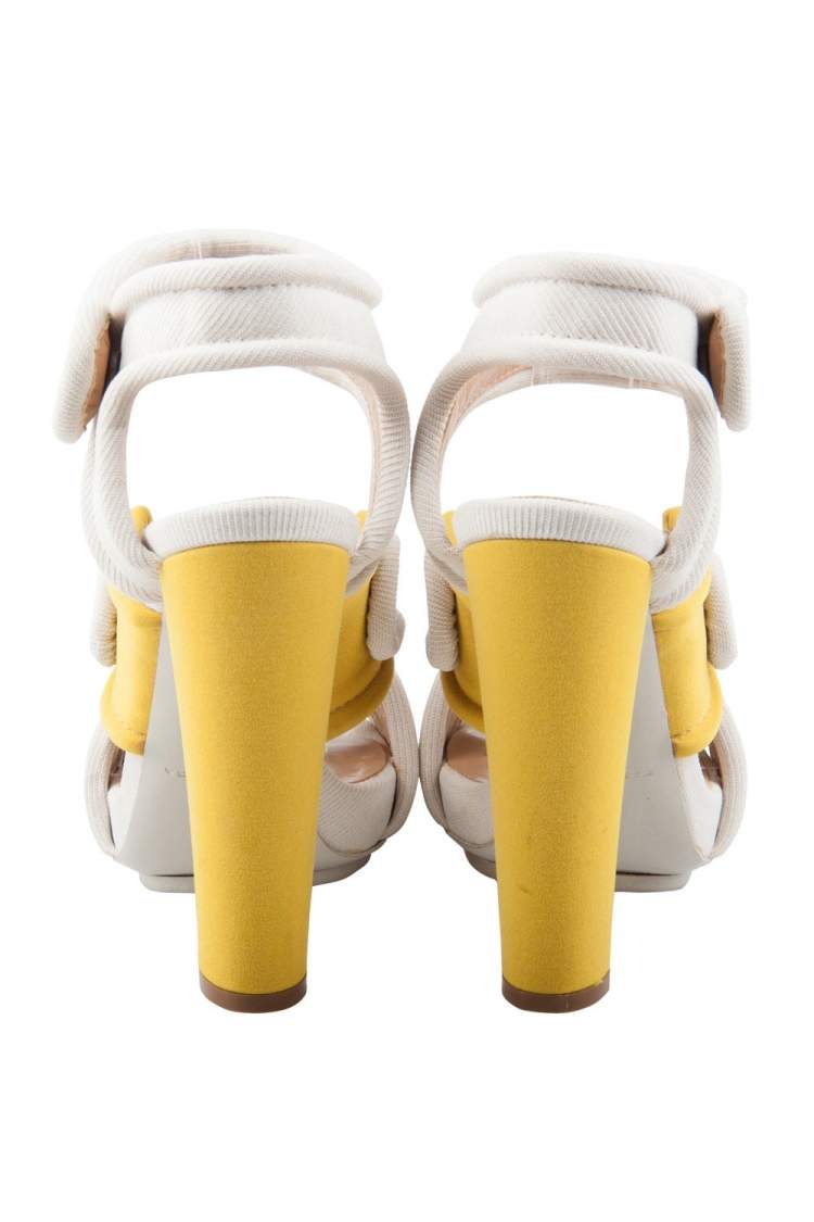 Pre Owned Balenciaga Cream Fabric Criss-Cross Straps Platform Block Heel Sandals 37.5