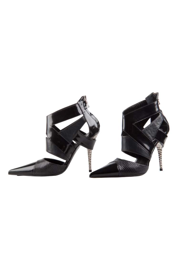 Pre Owned Etro Black Patent And Textured Leather Pointed Toe Ankle Booties Size 37