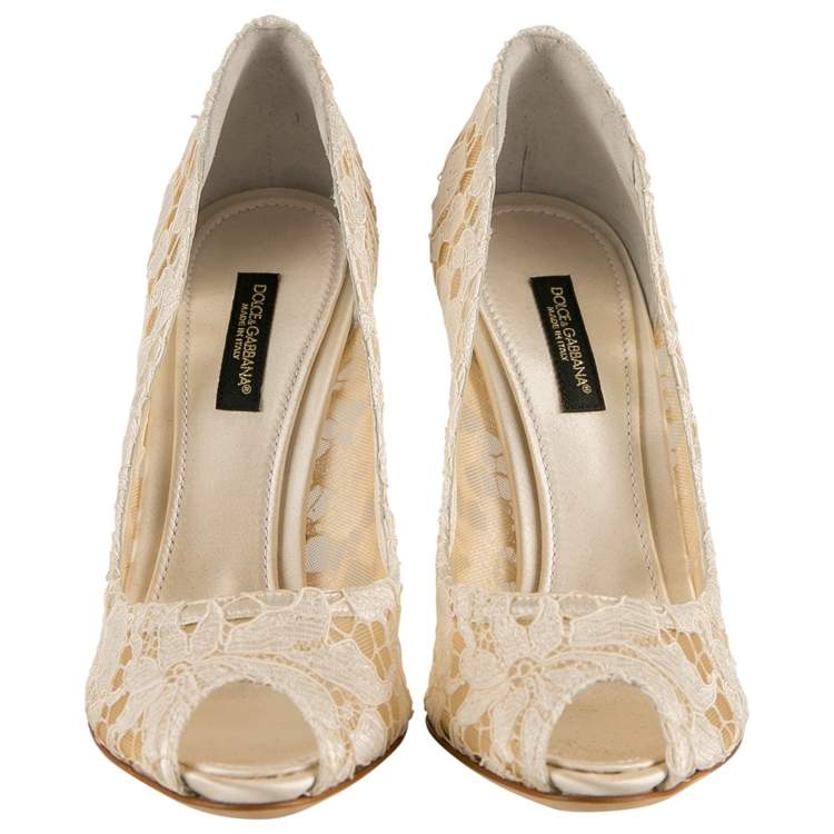 Pre Owned Dolce & Gabbana White Floral Lace Peep Toe Pumps Size 36.5