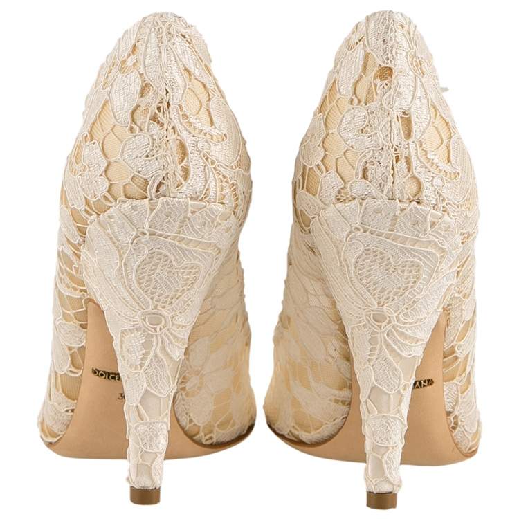 Pre Owned Dolce & Gabbana White Floral Lace Peep Toe Pumps Size 36.5