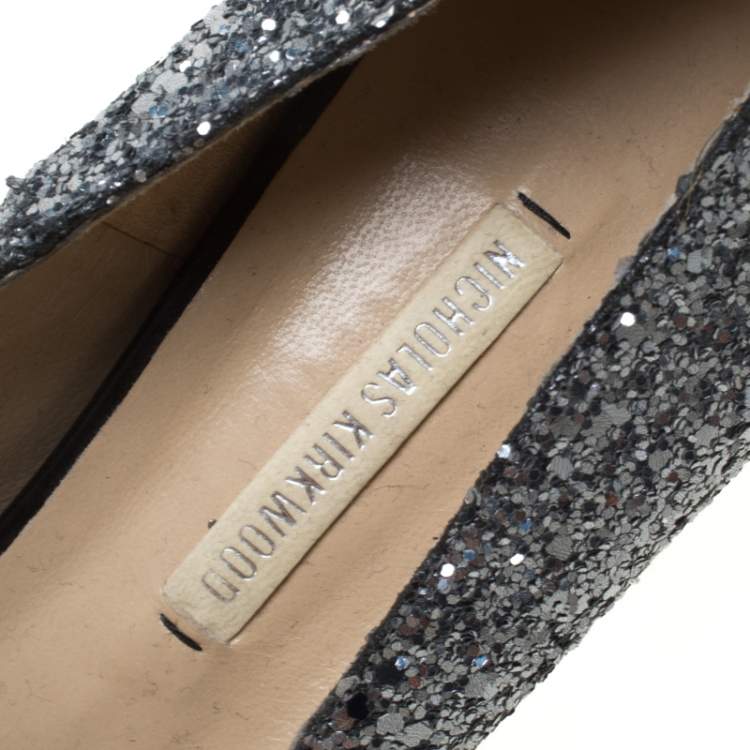 Pre Owned Nicholas Kirkwood Silver/Black Glitter Leather Double Platform Peep Toe Pumps Size 38