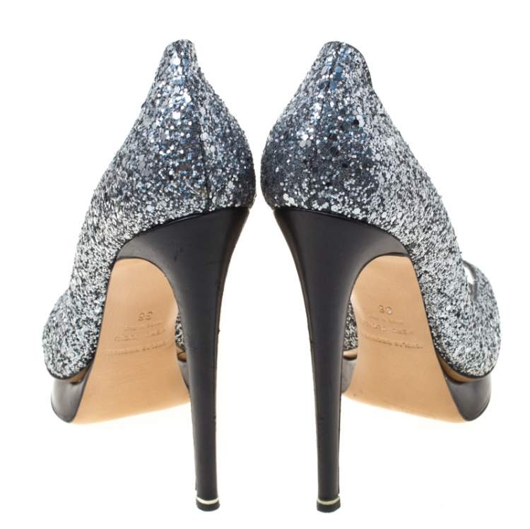 Pre Owned Nicholas Kirkwood Silver/Black Glitter Leather Double Platform Peep Toe Pumps Size 38