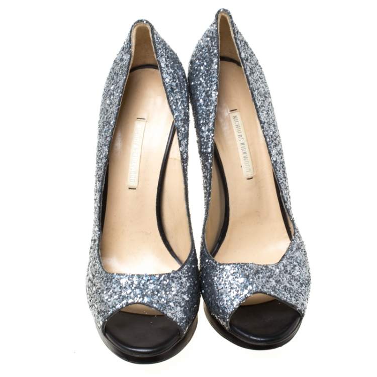 Pre Owned Nicholas Kirkwood Silver/Black Glitter Leather Double Platform Peep Toe Pumps Size 38