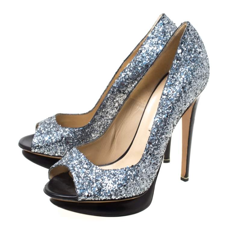 Pre Owned Nicholas Kirkwood Silver/Black Glitter Leather Double Platform Peep Toe Pumps Size 38