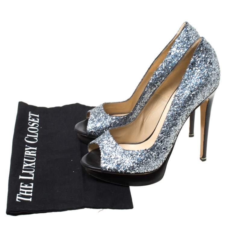 Pre Owned Nicholas Kirkwood Silver/Black Glitter Leather Double Platform Peep Toe Pumps Size 38