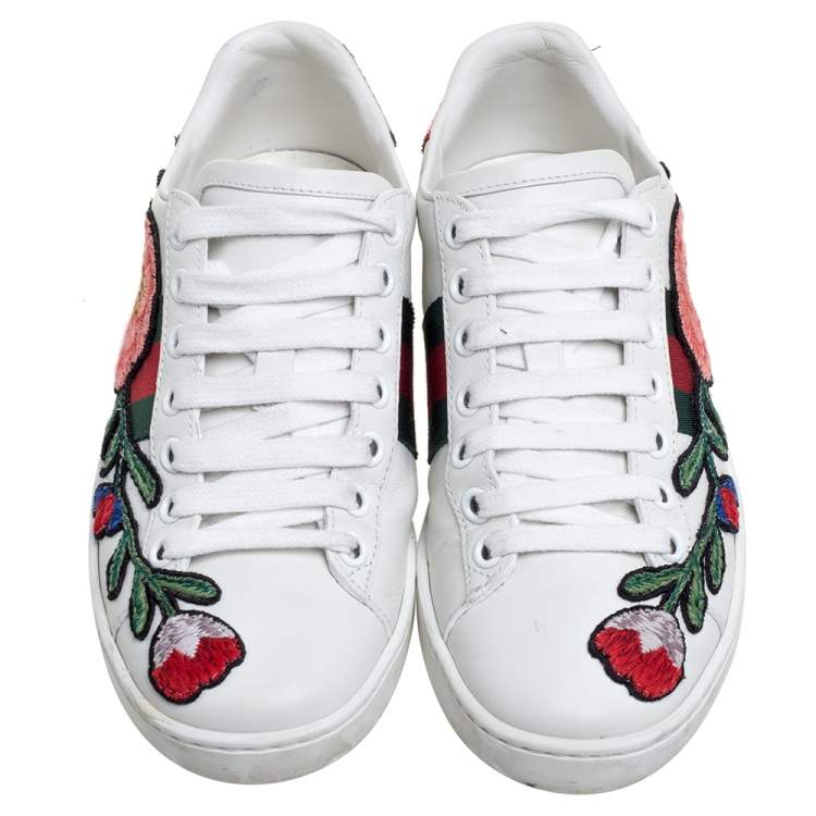 Pre Owned Gucci White Leather Floral Embroidered Ace Sneakers Size 34