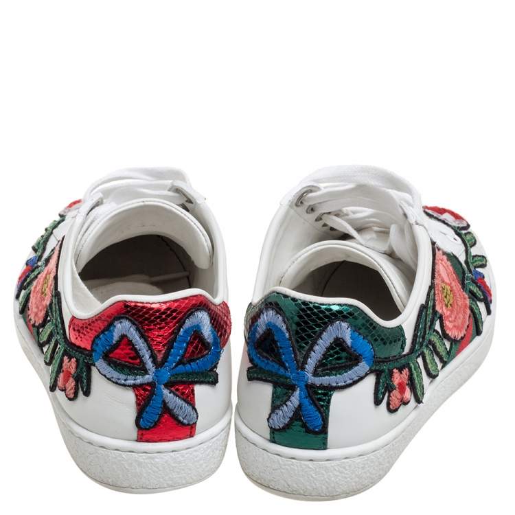 Pre Owned Gucci White Leather Floral Embroidered Ace Sneakers Size 34